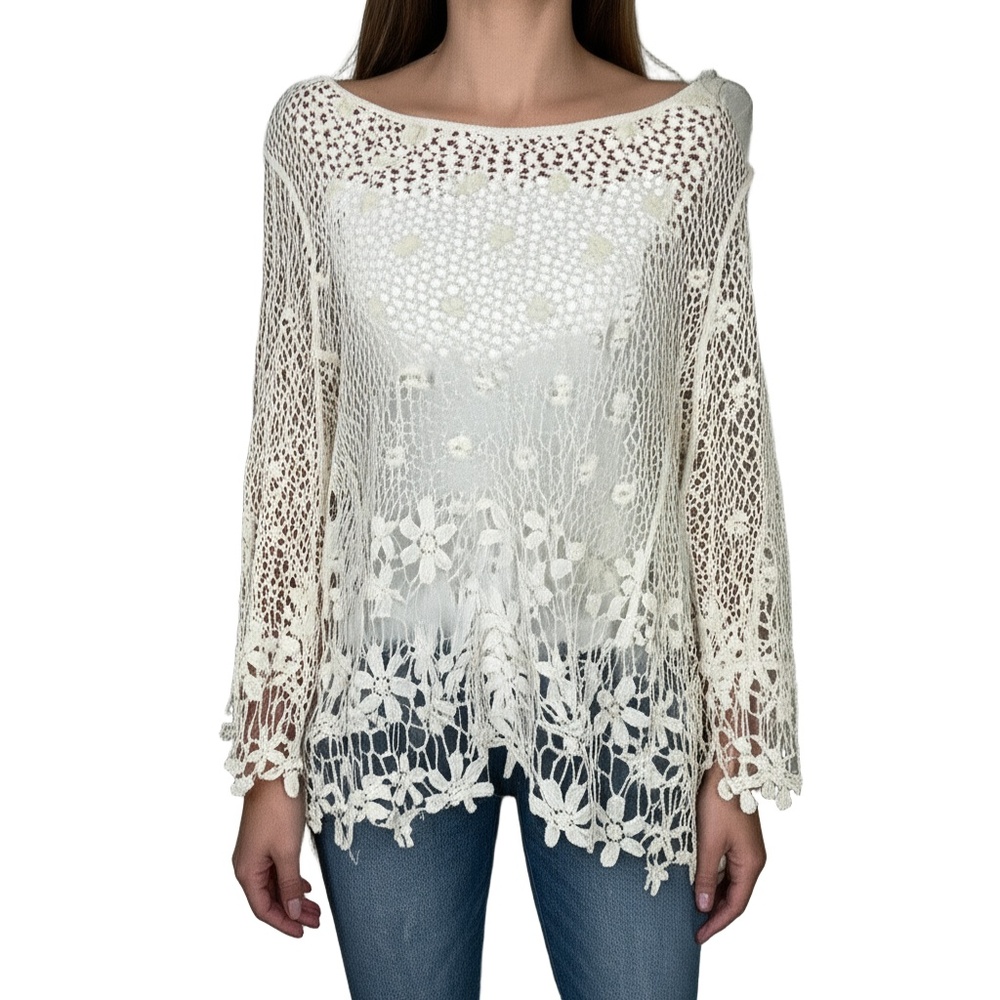 Marci‎ Crochet Top Womens Size M Cream Open Weave Floral Pattern Boho Festival